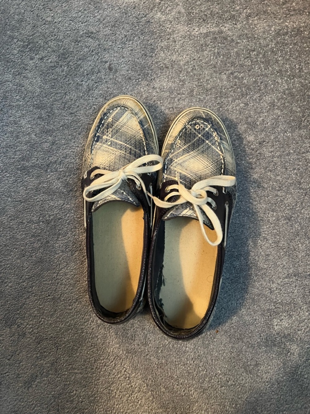 Sperry Navy Plaid Boat Shoes with Cream Laces